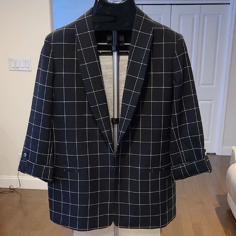 Anne Klein Black W White Pinstripe Open Blazer XL